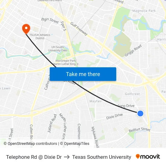 Telephone Rd @ Dixie Dr to Texas Southern University map