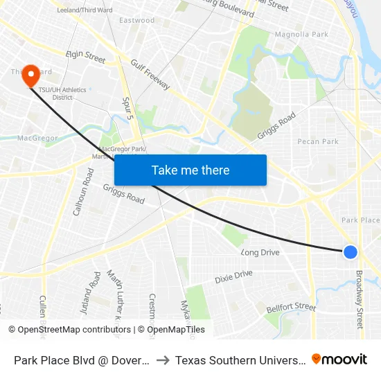 Park Place Blvd @ Dover St to Texas Southern University map