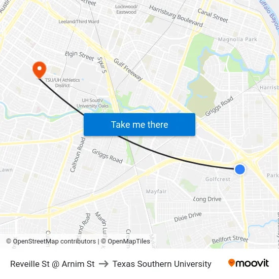Reveille St @ Arnim St to Texas Southern University map