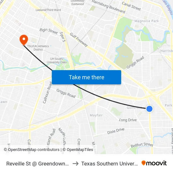 Reveille St @ Greendowns St to Texas Southern University map