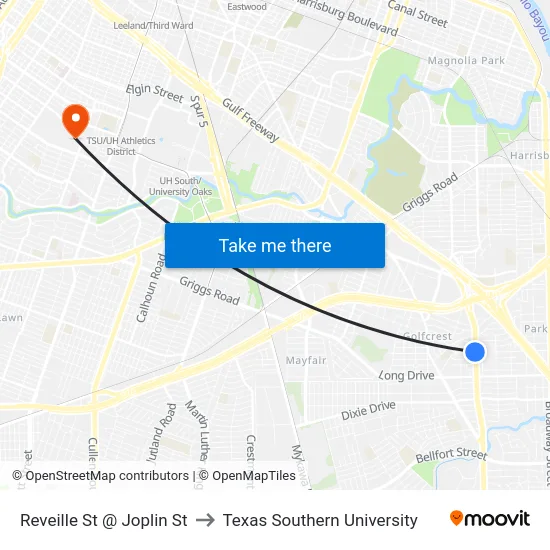 Reveille St @ Joplin St to Texas Southern University map