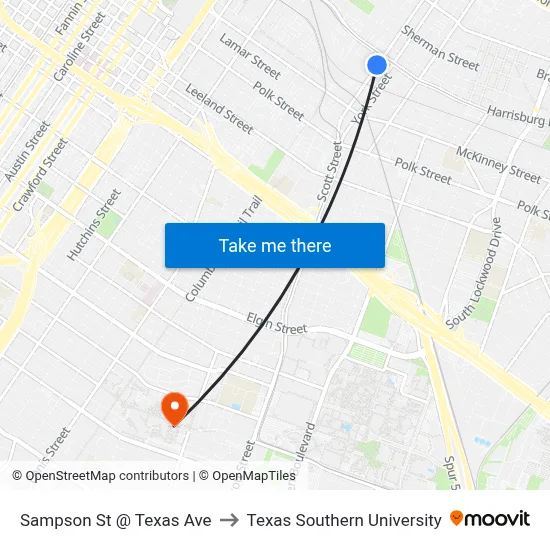 Sampson St @ Texas Ave to Texas Southern University map