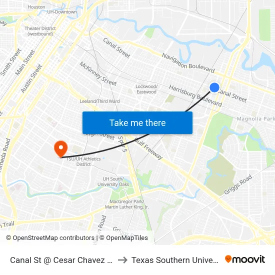 Canal St @ Cesar Chavez Blvd to Texas Southern University map