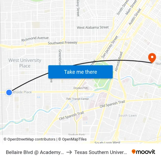 Bellaire Blvd @ Academy St to Texas Southern University map