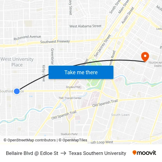 Bellaire Blvd @ Edloe St to Texas Southern University map