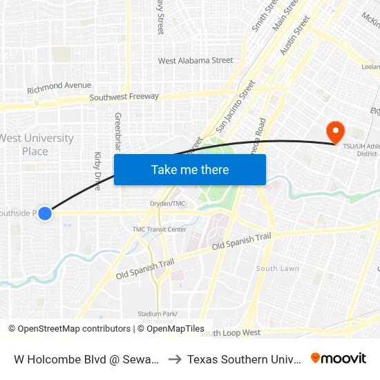 W Holcombe Blvd @ Sewanee St to Texas Southern University map