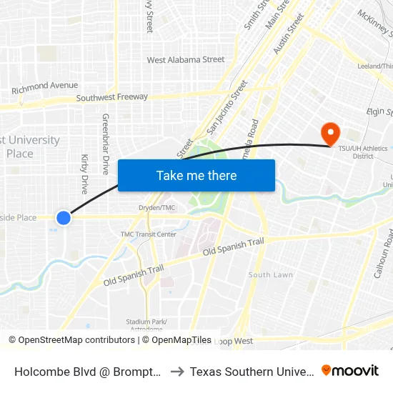 Holcombe Blvd @ Brompton St to Texas Southern University map