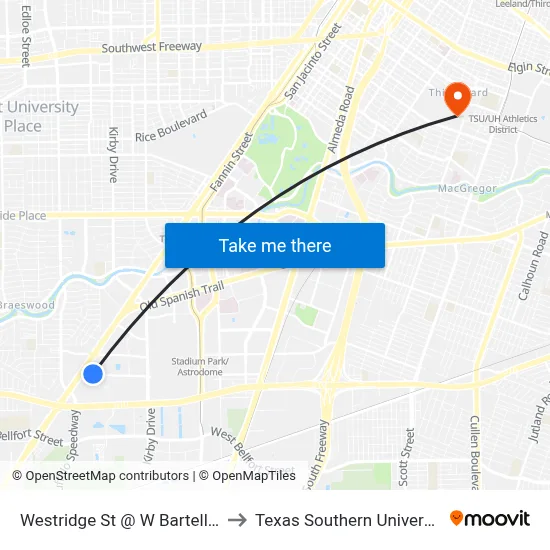 Westridge St @ W Bartell Dr to Texas Southern University map