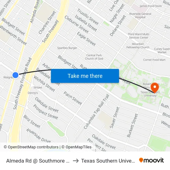 Almeda Rd @ Southmore Blvd to Texas Southern University map