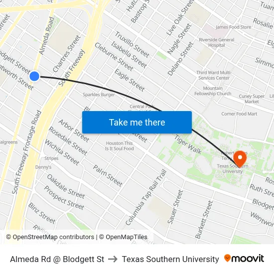 Almeda Rd @ Blodgett St to Texas Southern University map