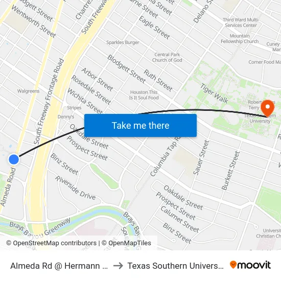 Almeda Rd @ Hermann Dr to Texas Southern University map
