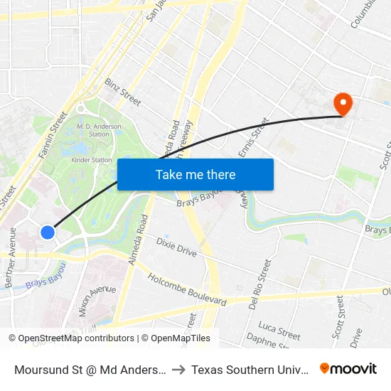 Moursund St @ Md Anderson St to Texas Southern University map