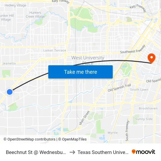 Beechnut St @ Wednesbury Ln to Texas Southern University map