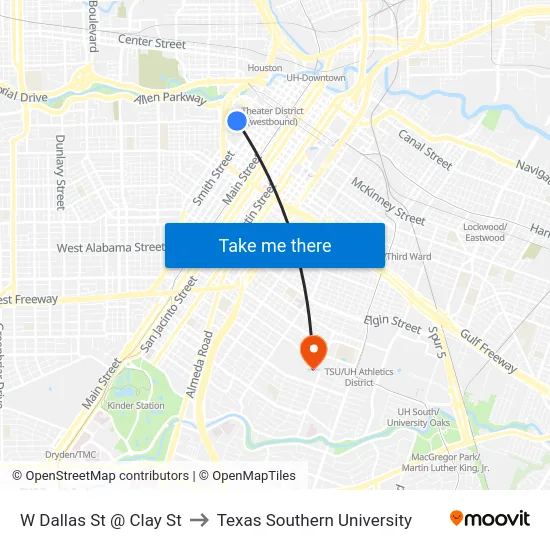 W Dallas St @ Clay St to Texas Southern University map