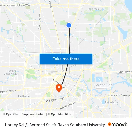 Hartley Rd @ Bertrand St to Texas Southern University map