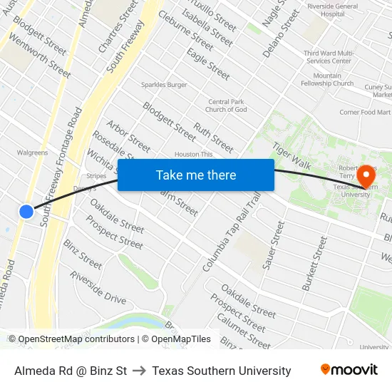 Almeda Rd @ Binz St to Texas Southern University map