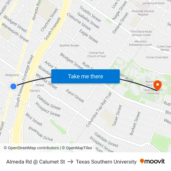 Almeda Rd @ Calumet St to Texas Southern University map