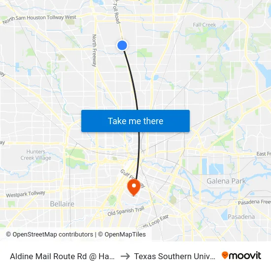 Aldine Mail Route Rd @ Hardy Rd to Texas Southern University map