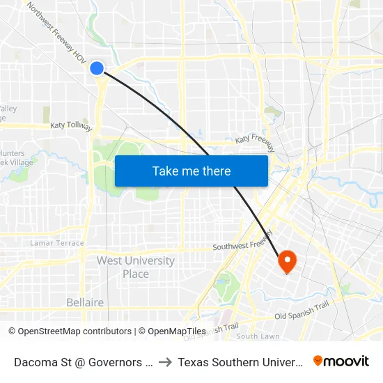 Dacoma St @ Governors Cir to Texas Southern University map