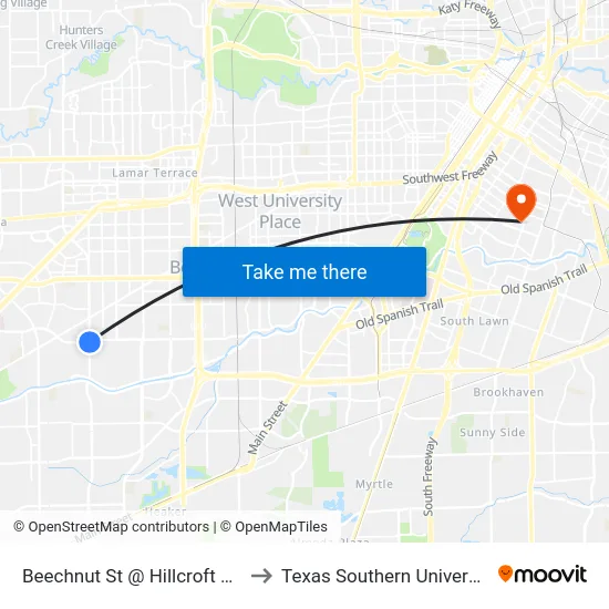 Beechnut St @ Hillcroft Ave to Texas Southern University map