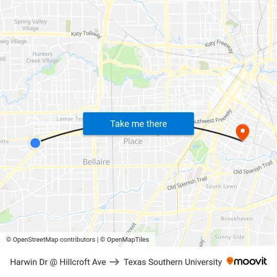 Harwin Dr @ Hillcroft Ave to Texas Southern University map