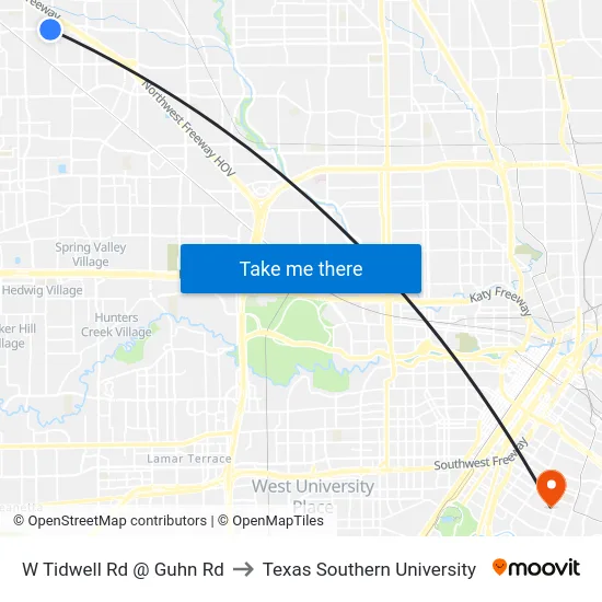 W Tidwell Rd @ Guhn Rd to Texas Southern University map