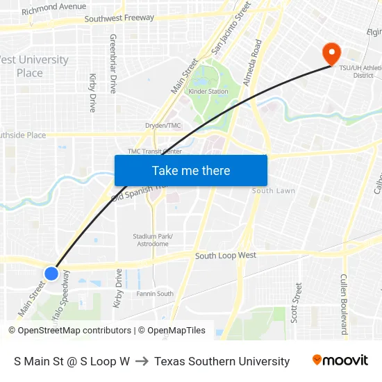 S Main St @ S Loop W to Texas Southern University map