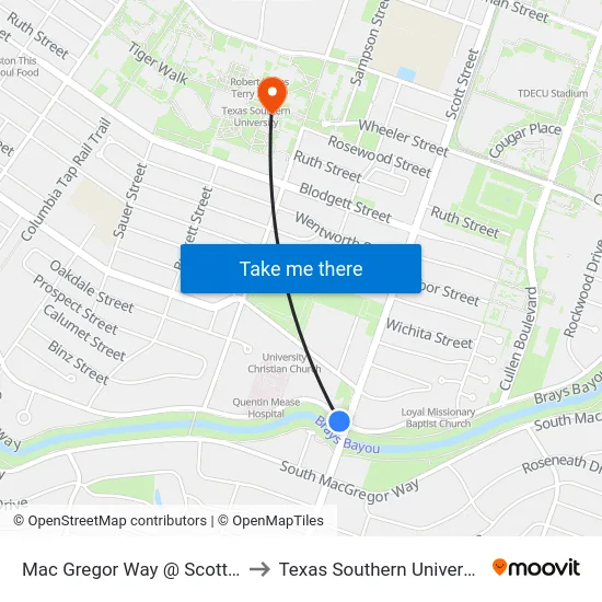 Mac Gregor Way @ Scott St to Texas Southern University map