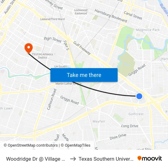 Woodridge Dr @ Village Way to Texas Southern University map