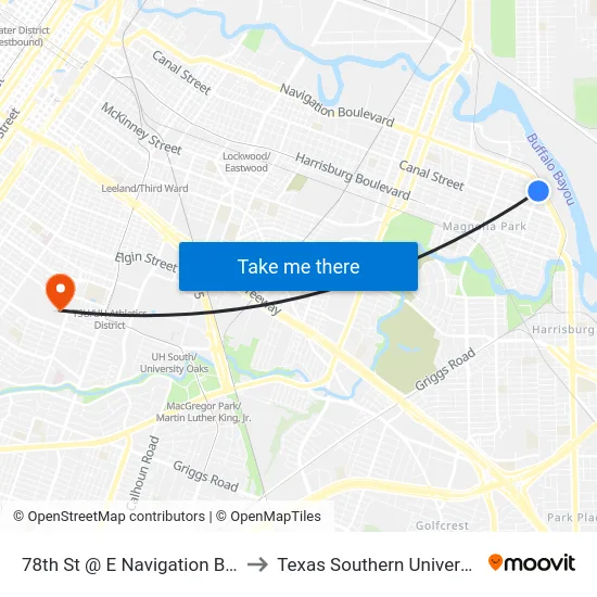 78th St @ E Navigation Blvd to Texas Southern University map