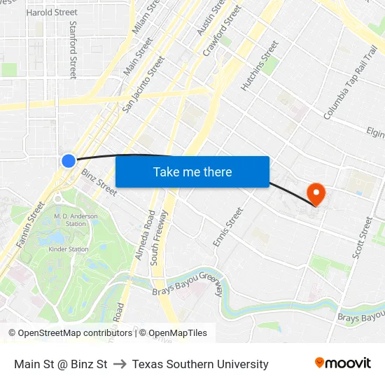 Main St @ Binz St to Texas Southern University map