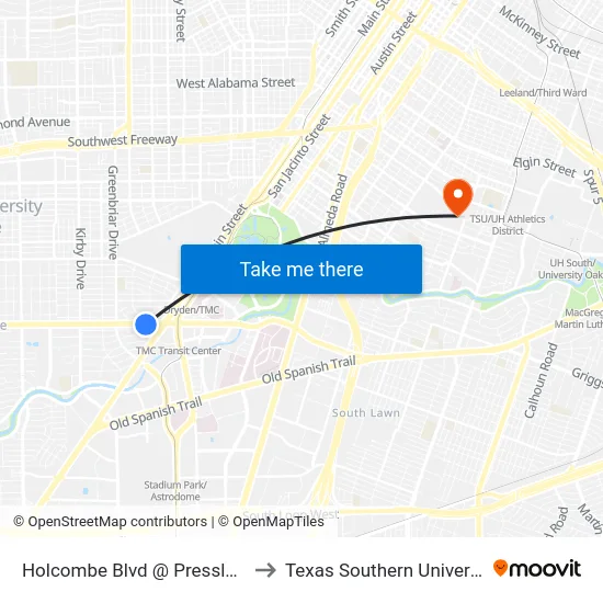 Holcombe Blvd @ Pressler St to Texas Southern University map