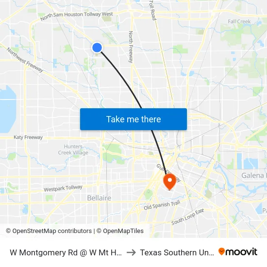 W Montgomery Rd @ W Mt Houston Rd to Texas Southern University map