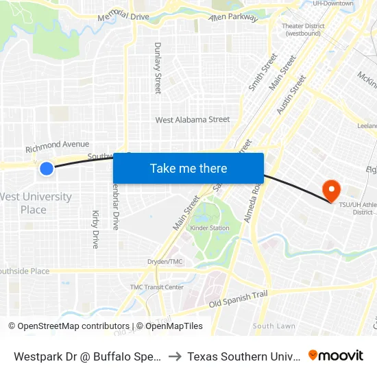 Westpark Dr @ Buffalo Speedway to Texas Southern University map