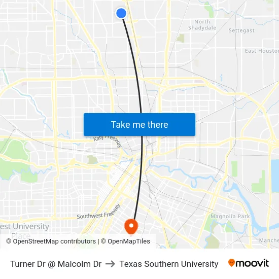 Turner Dr @ Malcolm Dr to Texas Southern University map
