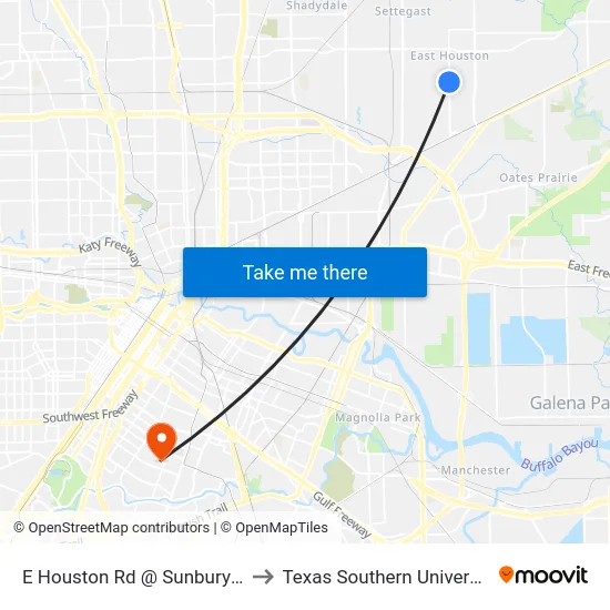 E Houston Rd @ Sunbury St to Texas Southern University map