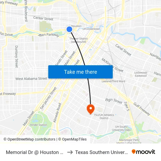 Memorial Dr @ Houston Ave to Texas Southern University map