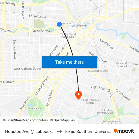 Houston Ave @ Lubbock St to Texas Southern University map