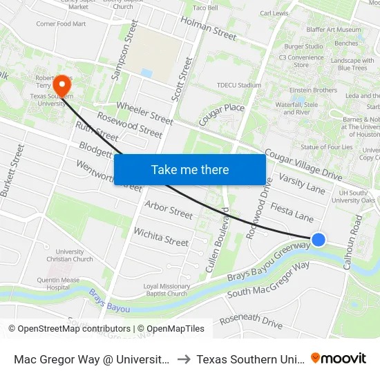Mac Gregor Way @ University Oaks Bl to Texas Southern University map