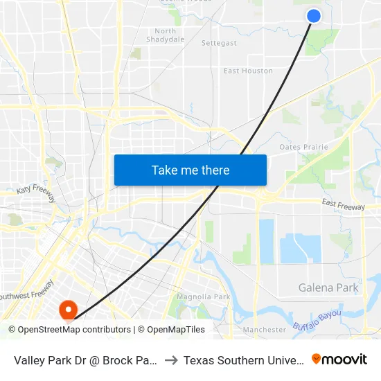 Valley Park Dr @ Brock Park Dr to Texas Southern University map