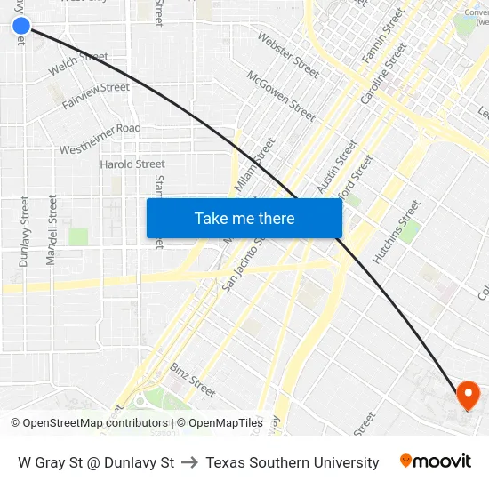 W Gray St @ Dunlavy St to Texas Southern University map