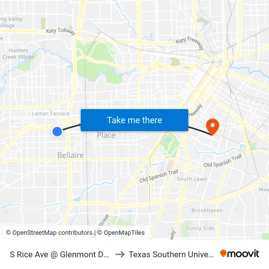 S Rice Ave @ Glenmont Dr MB to Texas Southern University map