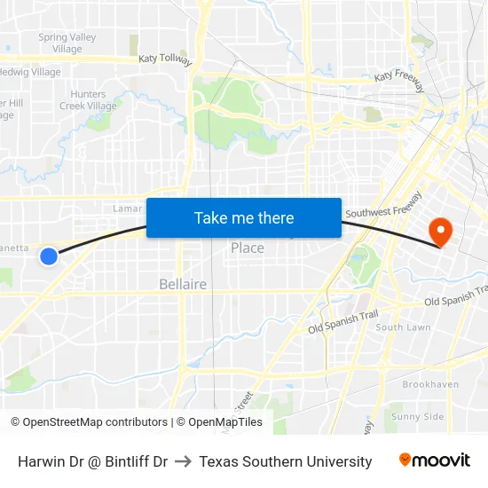 Harwin Dr @ Bintliff Dr to Texas Southern University map