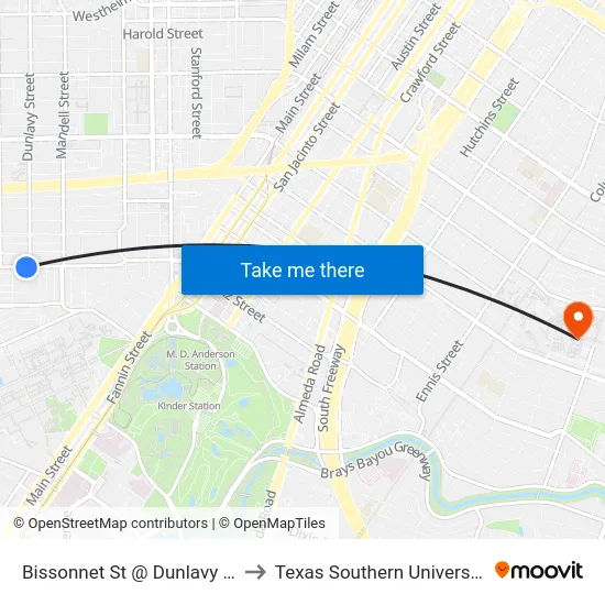 Bissonnet St @ Dunlavy St to Texas Southern University map
