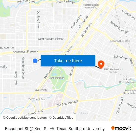 Bissonnet St @ Kent St to Texas Southern University map