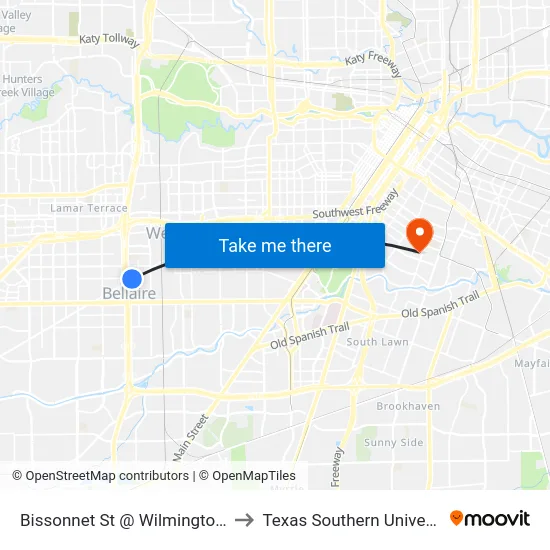 Bissonnet St @ Wilmington Dr to Texas Southern University map