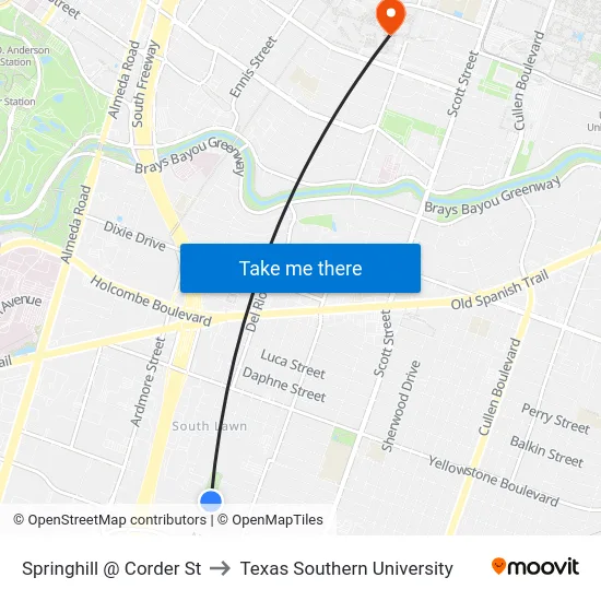 Springhill   @ Corder St to Texas Southern University map