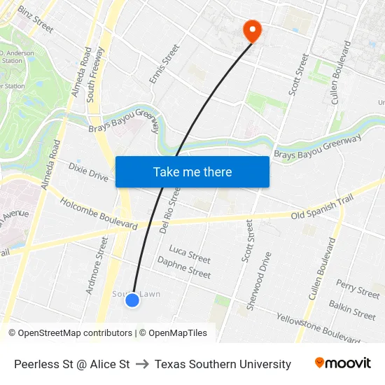 Peerless St @ Alice St to Texas Southern University map