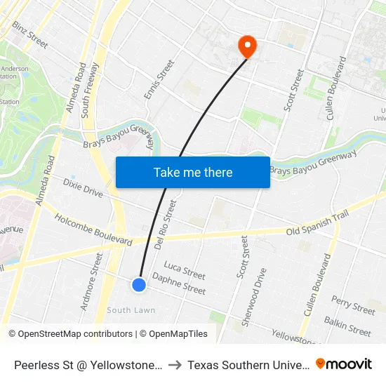 Peerless St @ Yellowstone Blvd to Texas Southern University map