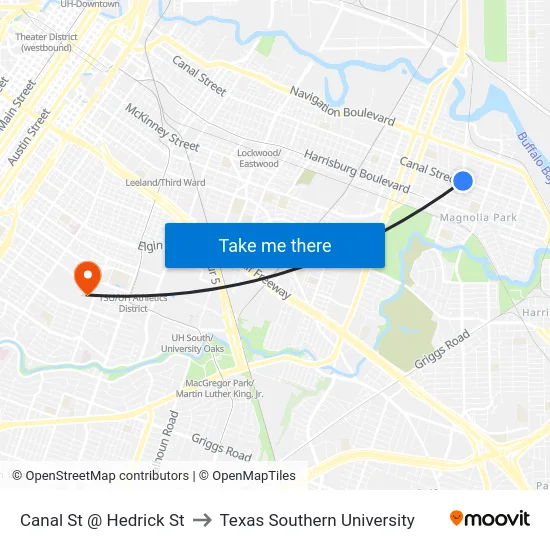 Canal St @ W Hedrick St to Texas Southern University map